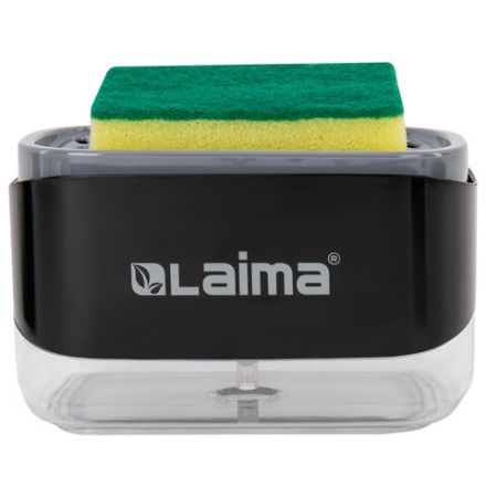 Диспенсер/дозатор DUET+ для мыла и моющего средства + губка, с держателем для тряпки, ЧЕРНЫЙ, 11х22х12 см, LAIMA HOME, 700046