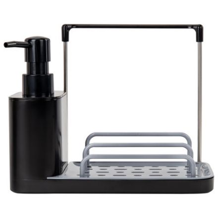 Диспенсер/дозатор DUET+ для мыла и моющего средства + губка, с держателем для тряпки, ЧЕРНЫЙ, 11х22х12 см, LAIMA HOME, 700046