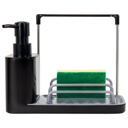 Диспенсер/дозатор DUET+ для мыла и моющего средства + губка, с держателем для тряпки, ЧЕРНЫЙ, 11х22х12 см, LAIMA HOME, 700046
