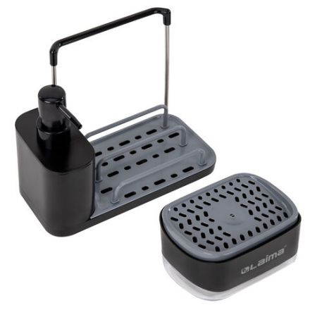 Диспенсер/дозатор DUET+ для мыла и моющего средства + губка, с держателем для тряпки, ЧЕРНЫЙ, 11х22х12 см, LAIMA HOME, 700046