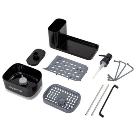 Диспенсер/дозатор DUET+ для мыла и моющего средства + губка, с держателем для тряпки, ЧЕРНЫЙ, 11х22х12 см, LAIMA HOME, 700046