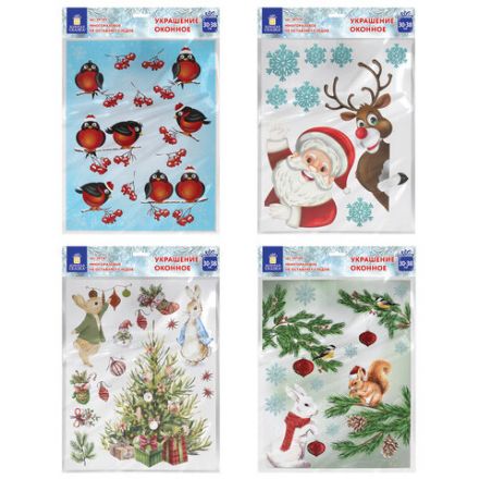 Наклейка для окон (1 штука) двусторонняя МНОГОРАЗОВАЯ 30х38 см, "Ассорти № 1", ЗОЛОТАЯ СКАЗКА, 591921