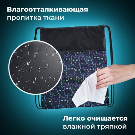 Мешок для обуви BRAUBERG БОЛЬШОЙ, с ручкой, карман на молнии, сетка, 49х41 см, "Cats", 271059