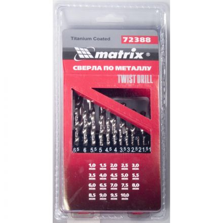 Набор сверл по металлу Matrix 19шт, 1-10мм, HSS, 19шт,цил.хвостовик (72388)