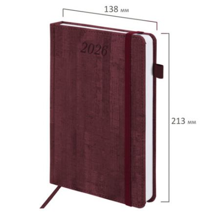 Ежедневник датированный 2026 А5 138x213 мм, BRAUBERG "Wood", под кожу, держатель для ручки, бордо, 117107