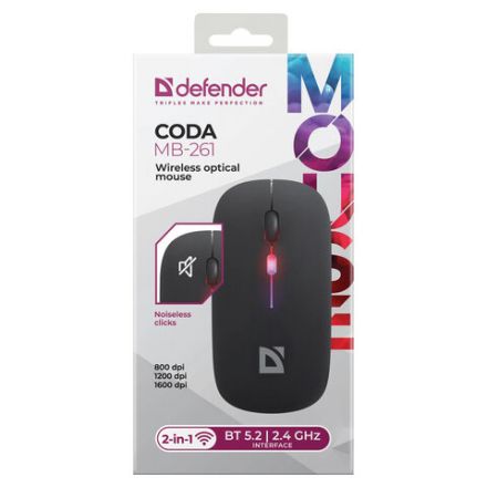 Мышь беспроводная DEFENDER Coda MB-261, 2.4 ГГц+BT, радужная, 3 кнопки + 1 колесо, 300 мАч, черная, 52261 Мышь беспроводная DEFENDER Coda MB-261, 2.4 ГГц+BT, радужная, 3 кнопки + 1 колесо, 300 мАч, черная, 52261