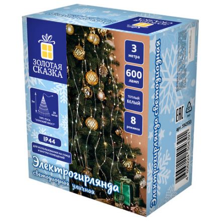 Электрогирлянда-конский хвост уличная, 3 м, 600 LED, тёплый белый, 220 V, контроллер, ЗОЛОТАЯ СКАЗКА, 592553