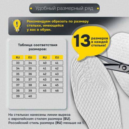 Стельки для обуви впитывающие от пота и запаха, КОМПЛЕКТ 10 пар, размер RU 33-45 / EU 34-46, с линиями выреза, SHEGRA (ШЕГРА), 700730