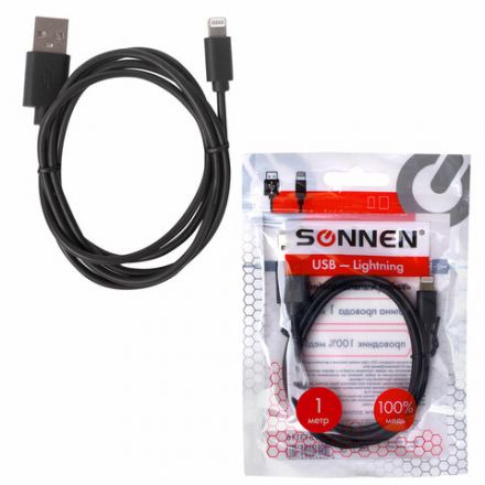 Кабель USB 2.0 – Lightning, 1 м, SONNEN, медь, для передачи данных и зарядки, черный, 513116 Кабель USB 2.0 – Lightning, 1 м, SONNEN, медь, для передачи данных и зарядки, черный, 513116