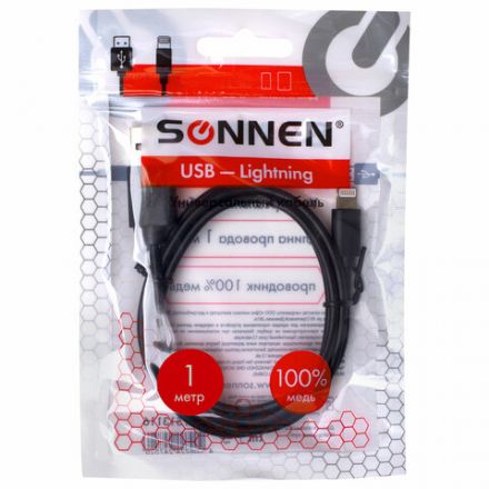 Кабель USB 2.0 – Lightning, 1 м, SONNEN, медь, для передачи данных и зарядки, черный, 513116 Кабель USB 2.0 – Lightning, 1 м, SONNEN, медь, для передачи данных и зарядки, черный, 513116
