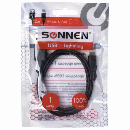 Кабель USB 2.0 – Lightning, 1 м, SONNEN, медь, для передачи данных и зарядки, черный, 513116 Кабель USB 2.0 – Lightning, 1 м, SONNEN, медь, для передачи данных и зарядки, черный, 513116