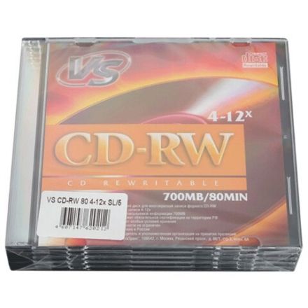 Диск CD-RW VS 700 Mb, 4-12x, Slim Case, КОМПЛЕКТ 5 шт., VSCDRWSL501