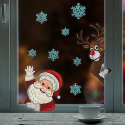Наклейка для окон двусторонняя МНОГОРАЗОВАЯ 30х38 см "Дед Мороз и олень", ЗОЛОТАЯ СКАЗКА, 591179