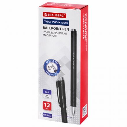 Ручка шариковая масляная BRAUBERG "Techno-X 925", СИНЯЯ, корпус черный, серебристые детали, линия 0,5 мм, 144224