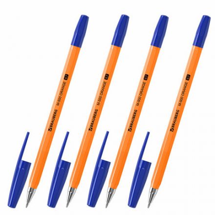 Ручки шариковые BRAUBERG "M-500 ORANGE", НАБОР 4 шт., СИНИЕ, узел 0,7 мм, линия письма 0,35 мм, 143950