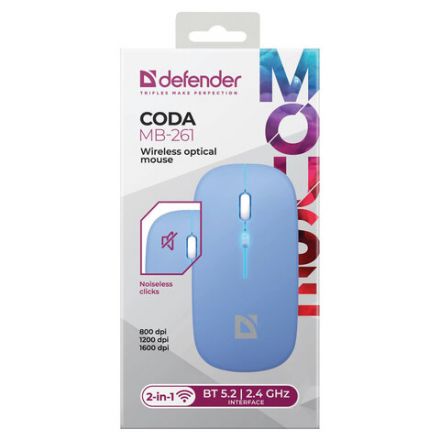 Мышь беспроводная DEFENDER Coda MB-261, 2.4 ГГц + BT, радужная подсветка, 3 кнопки + 1 колесо, 300 мАч, голубая, 52263 Мышь беспроводная DEFENDER Coda MB-261, 2.4 ГГц + BT, радужная подсветка, 3 кнопки + 1 колесо, 300 мАч, голубая, 52263