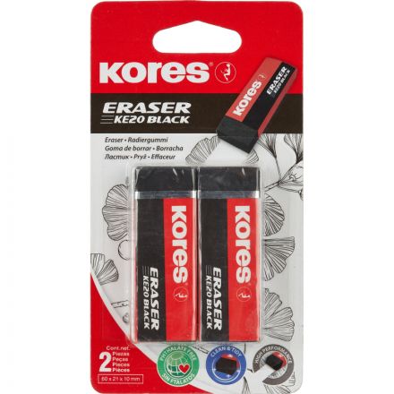 Ластик Kores KE-20 Black виниловый черный 60x21x10 мм (2 штуки в упаковке)