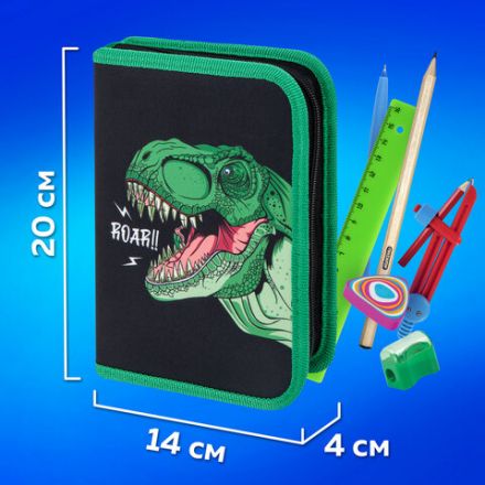 Пенал ПИФАГОР, 1 отделение, 2 откидные планки, полиэстер, 20х14 см, "Dino roar", 272290