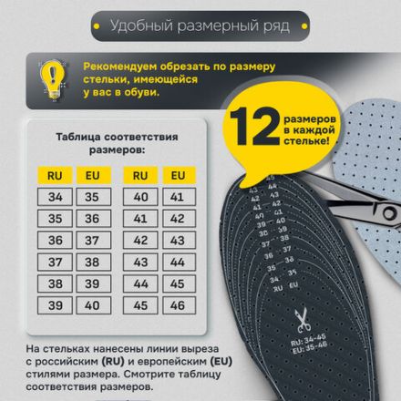 Стельки для обуви с АКТИВИРОВАННЫМ УГЛЕМ, УНИВЕРСАЛЬНЫЙ размер RU 34-45 / EU 35-46, с линиями выреза, SHEGRA (ШЕГРА), 700731