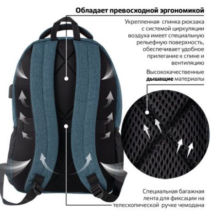 Рюкзак BRAUBERG URBAN универсальный, с отделением для ноутбука, USB-порт, "Denver", синий, 46х30х16 см, 229893