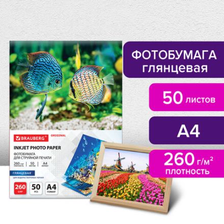 Фотобумага глянцевая, А4, 260 г/м2, односторонняя, 50 листов, BRAUBERG ORIGINAL, 363992 Фотобумага глянцевая, А4, 260 г/м2, односторонняя, 50 листов, BRAUBERG ORIGINAL, 363992