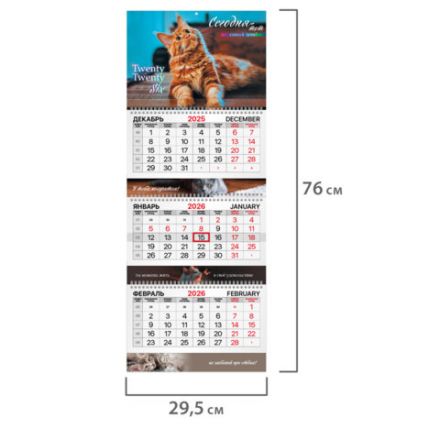 Календарь квартальный 2026 г., 3 блока, 3 гребня, бегунок, мелованная бумага, BRAUBERG EXTRA, "Котик", 116824