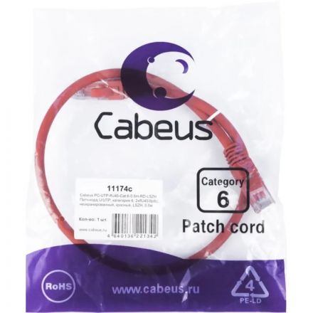 Кабель Cabeus PC-UTP-RJ45-Cat.6-0.5m-RD-LSZH U/UTP,красный, LSZH, 0.5м