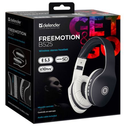 Наушники с микрофоном (гарнитура) DEFENDER FREEMOTION B525, Bluetooth, беспроводные, черные с белым, 63525