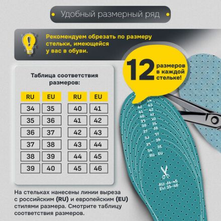 Стельки для обуви АНТИЗАПАХ, УНИВЕРСАЛЬНЫЙ размер RU 34-45 / EU 35-46 с линиями выреза, SHEGRA (ШЕГРА), 700732 Стельки для обуви АНТИЗАПАХ, УНИВЕРСАЛЬНЫЙ размер RU 34-45 / EU 35-46 с линиями выреза, SHEGRA (ШЕГРА), 700732