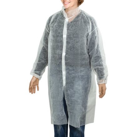 Халат одноразовый белый на липучках КОМПЛЕКТ 10 шт., XXL, 56-58 размер, 110 см, рукав на резинке, 25 г/м2, KLEVER