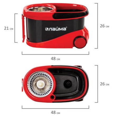 Швабра с отжимом и ведром 19л/9л на колесах и ручкой для перевозки, отжим центрифуга, 2 круглые насадки, черно-красный, LAIMA, 606303, M029B Швабра с отжимом и ведром 19л/9л на колесах и ручкой для перевозки, отжим центрифуга, 2 круглые насадки, черно-красный, LAIMA, 606303, M029B