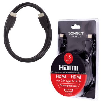 Кабель HDMI AM-AM, 1,5 м, SONNEN Premium, ver 2.0, FullHD, 4К, UltraHD, для ноутбука, компьютера, монитора, телевизора, проектора, 513130 Кабель HDMI AM-AM, 1,5 м, SONNEN Premium, ver 2.0, FullHD, 4К, UltraHD, для ноутбука, компьютера, монитора, телевизора, проектора, 513130