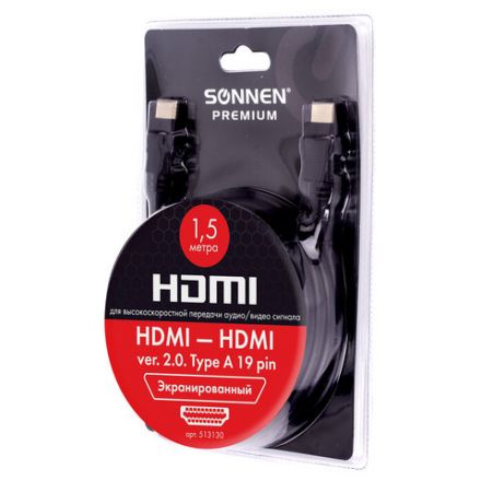 Кабель HDMI AM-AM, 1,5 м, SONNEN Premium, ver 2.0, FullHD, 4К, UltraHD, для ноутбука, компьютера, монитора, телевизора, проектора, 513130 Кабель HDMI AM-AM, 1,5 м, SONNEN Premium, ver 2.0, FullHD, 4К, UltraHD, для ноутбука, компьютера, монитора, телевизора, проектора, 513130