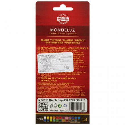Карандаши цветные акварельные художественные KOH-I-NOOR "Mondeluz", 24 цвета, 3,8 мм, заточенные, европодвес, 3718024001KSRU