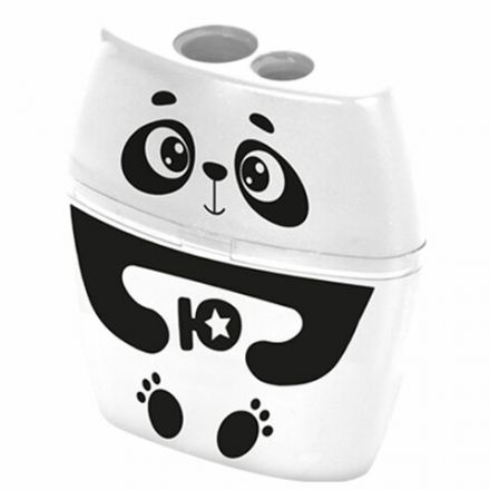 Точилка с контейнером для простых и утолщенных карандашей ЮНЛАНДИЯ "ПАНДА", 2 отверстия, 272507