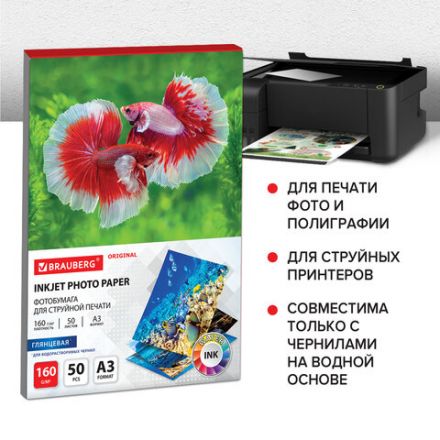 Фотобумага глянцевая БОЛЬШОГО ФОРМАТА, А3, 160 г/м2, односторонняя, 50 листов, BRAUBERG ORGINAL, 363994 Фотобумага глянцевая БОЛЬШОГО ФОРМАТА, А3, 160 г/м2, односторонняя, 50 листов, BRAUBERG ORGINAL, 363994