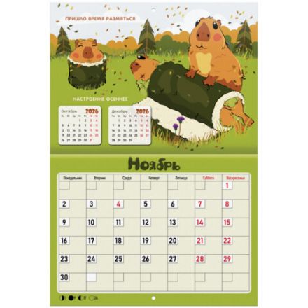 Календарь-планер настенный перекидной на 2026 г., BRAUBERG, 12 листов, 29,5х21,3 см, "Капибара", 116953