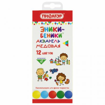 Краски акварельные медовые ПИФАГОР "ЭНИКИ-БЕНИКИ NEW", 12 цветов, картонная коробка европодвес, 192518 Краски акварельные медовые ПИФАГОР "ЭНИКИ-БЕНИКИ NEW", 12 цветов, картонная коробка европодвес, 192518