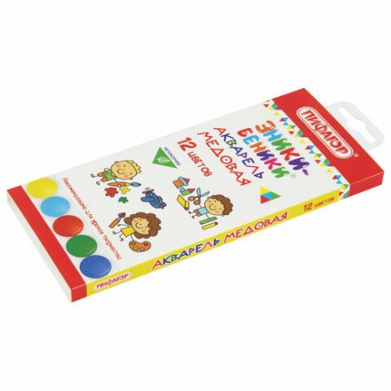 Краски акварельные медовые ПИФАГОР "ЭНИКИ-БЕНИКИ NEW", 12 цветов, картонная коробка европодвес, 192518 Краски акварельные медовые ПИФАГОР "ЭНИКИ-БЕНИКИ NEW", 12 цветов, картонная коробка европодвес, 192518