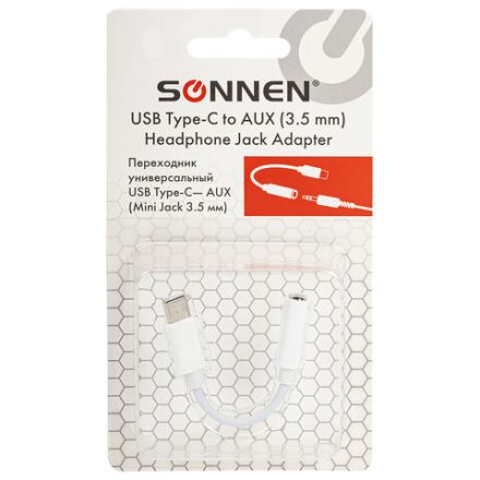 Переходник для наушников с Type-C на AUX (MINI JACK 3.5 мм), SONNEN, 0,1 м, белый, 513566