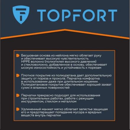 Перчатки защитные от порезов TopFort Сполдер ПУ C с ПУ покрытием р.11