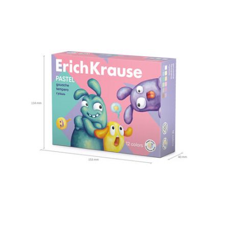 Гуашь ERICH KRAUSE "Jolly friends pastel" 12 цветов по 20 мл, картонная упаковка, 61419