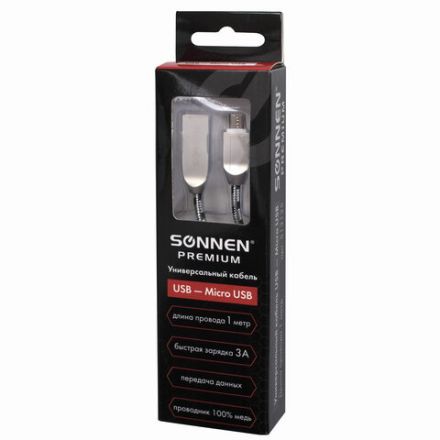 Кабель USB 2.0 – micro USB, 1 м, SONNEN Premium, медь, передача данных и быстрая зарядка, 513125