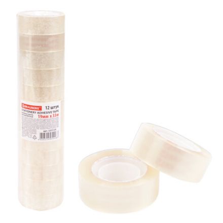 Клейкие ленты 19 мм х 33 м канцелярские BRAUBERG, комплект 12 шт., прозрачные, 223125