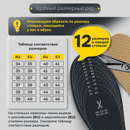 Стельки для обуви ВЛАГОВПИТЫВАЮЩИЕ, УНИВЕРСАЛЬНЫЙ размер RU 34-45 / EU 35-46, с линиями выреза, SHEGRA (ШЕГРА), 700735