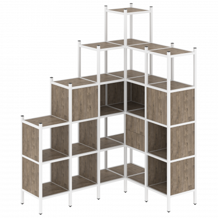 Loft Угловой внутренний стеллаж наборный VR.L-44 Тиквуд тёмный/Белый металл 1694*1278*2280