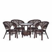 Комплект "PELANGI"  02/15 ( стол со стеклом + 4 кресла ) [без подушек] ротанг, кресло 65х65х77см, стол диаметр 64х61см, walnut (грецкий орех)