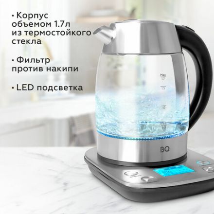 Чайник BQ (БИ-КЬЮ) KT1703G, 1,7 л, 2200 Вт, закрытый нагревательный элемент, ТЕРМОРЕГУЛЯТОР, стекло, 86197970