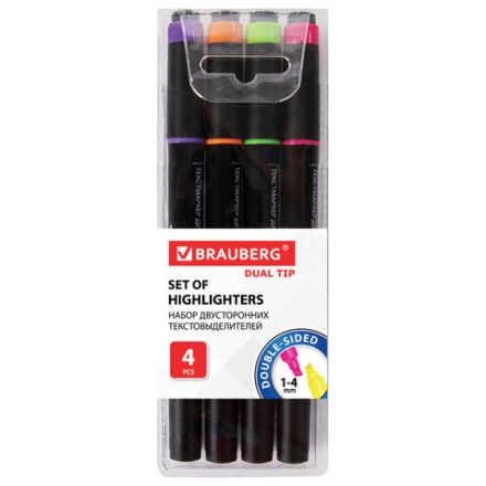 Набор текстовыделителей двусторонних BRAUBERG DUAL TIP 4 шт., АССОРТИ, линия 1-4 мм, 150845