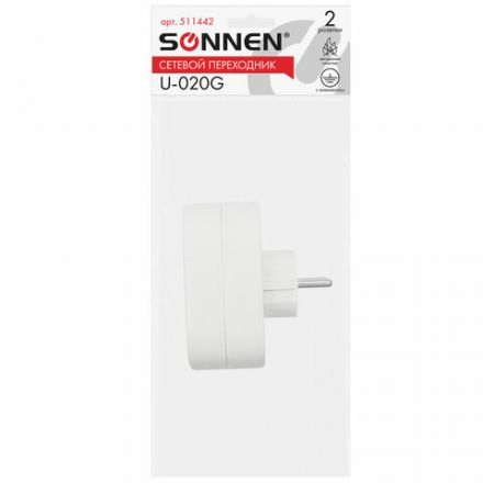 Сетевой разветвитель SONNEN U-020G, 2 розетки, с заземлением, 16 А, белый, 511442